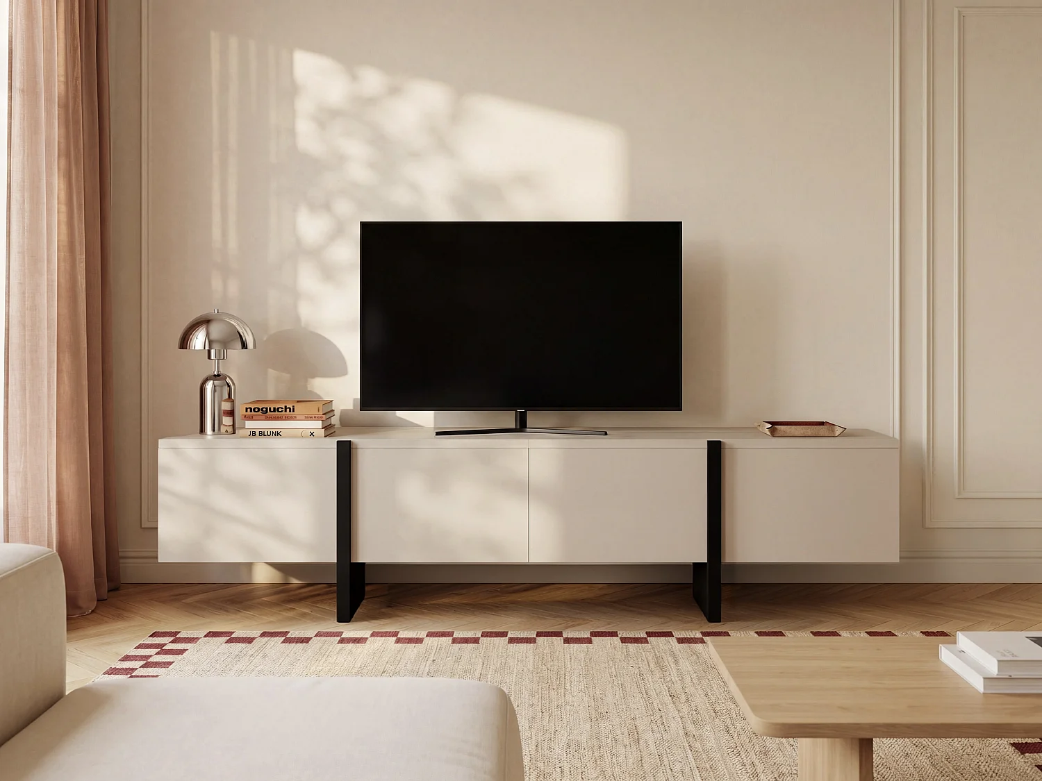 Meuble TV avec 4 portes en MDF - Beige et Noir - LUVONIA