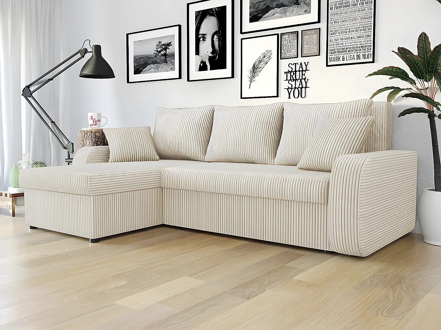 Sofá cama esquinero de pana "Vinci" 3 plazas - Beige