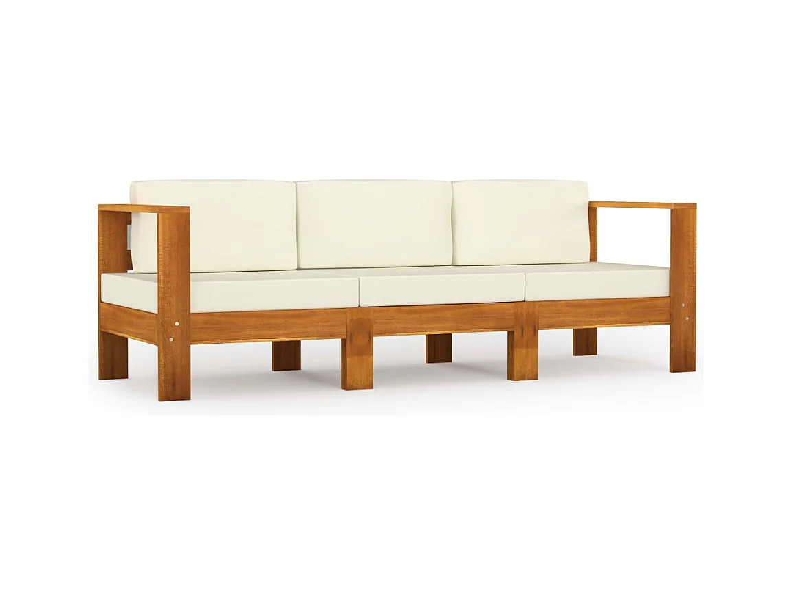 Sofá de jardín 3 plazas mueble exterior y cojines blanco crema madera de acacia 02_0013232