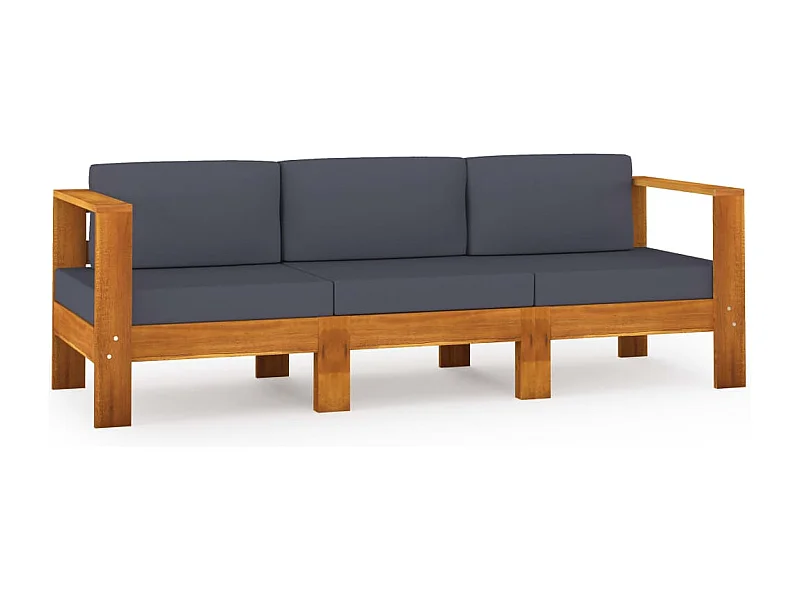 Sofá de jardim, móveis de exterior de 3 lugares e almofadas cinza escuro em acácia maciça 02_0013233