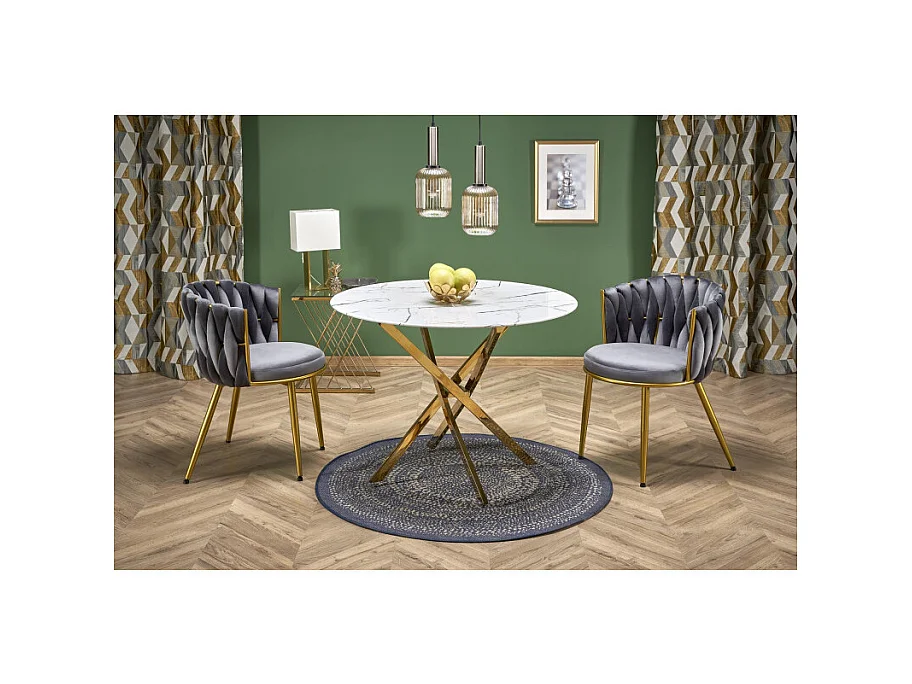 Mesa de 100 cm con tablero de aspecto mármol blanco y base Mezzo dorada