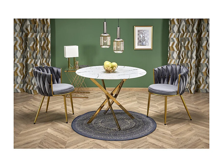 Mesa de 100 cm con tablero de aspecto mármol blanco y base Mezzo dorada