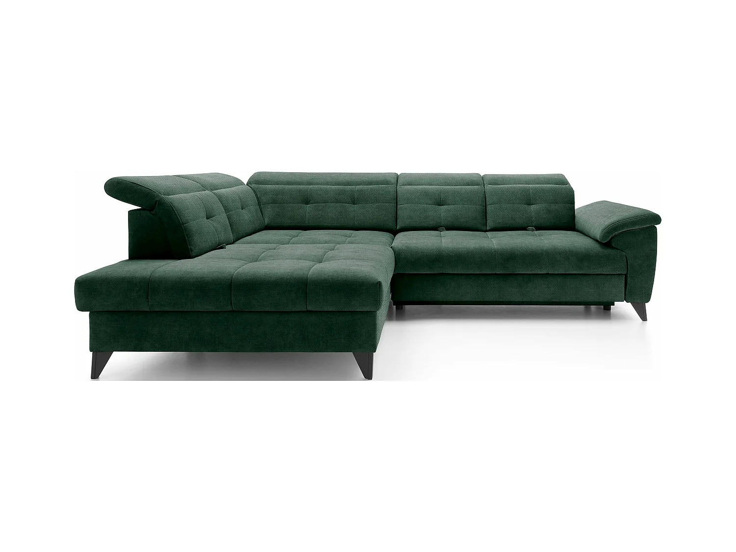 Canapé d'angle convertible tissu velouté KARIN - Coffre et appuis-tête réglables-Vert foncé-angle gauche
