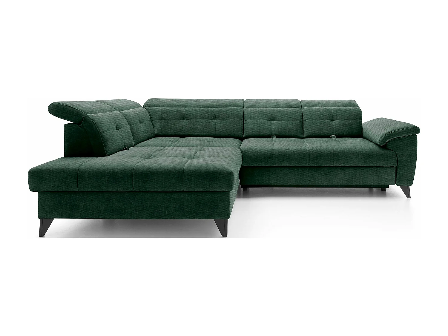 Canapé d'angle convertible tissu velouté KARIN - Coffre et appuis-tête réglables-Vert foncé-angle gauche