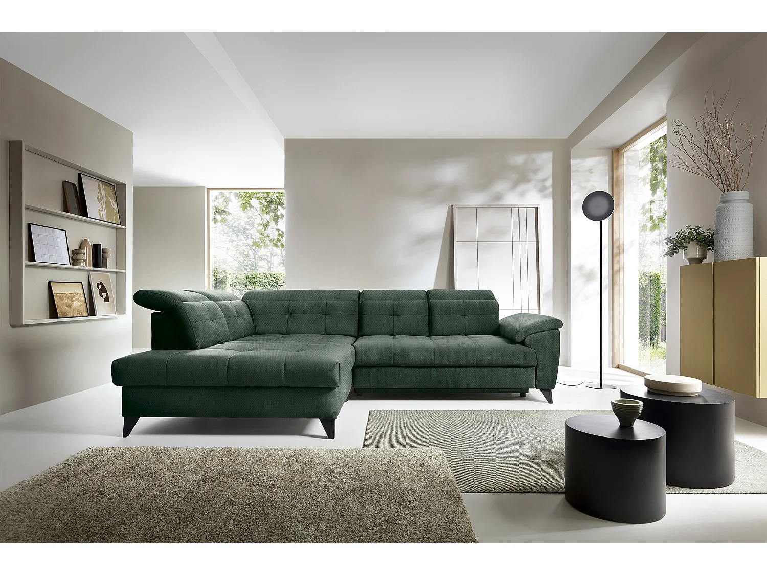 Canapé d'angle convertible tissu velouté KARIN - Coffre et appuis-tête réglables-Vert foncé-angle gauche