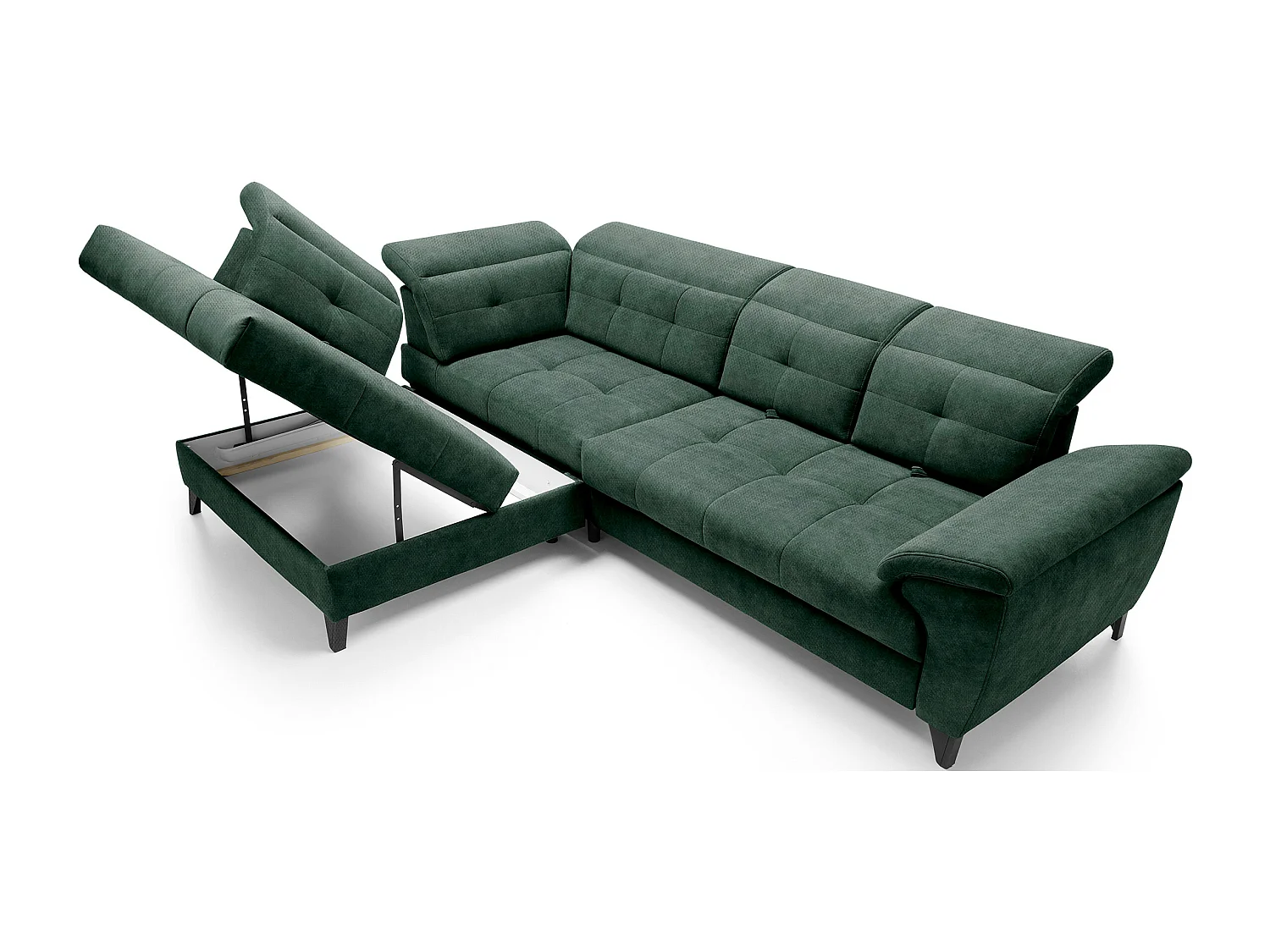Canapé d'angle convertible tissu velouté KARIN - Coffre et appuis-tête réglables-Vert foncé-angle gauche