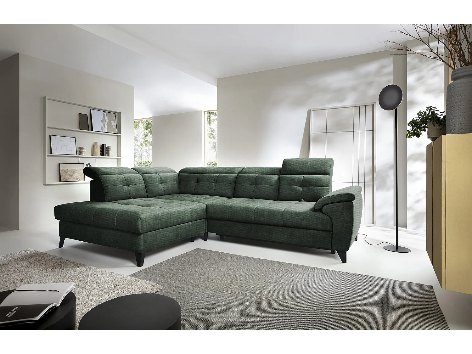 Canapé d'angle convertible tissu velouté KARIN - Coffre et appuis-tête réglables-Vert foncé-angle gauche