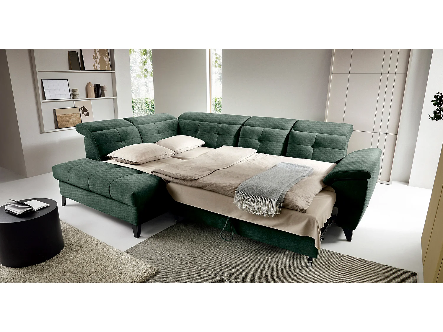 Canapé d'angle convertible tissu velouté KARIN - Coffre et appuis-tête réglables-Vert foncé-angle gauche