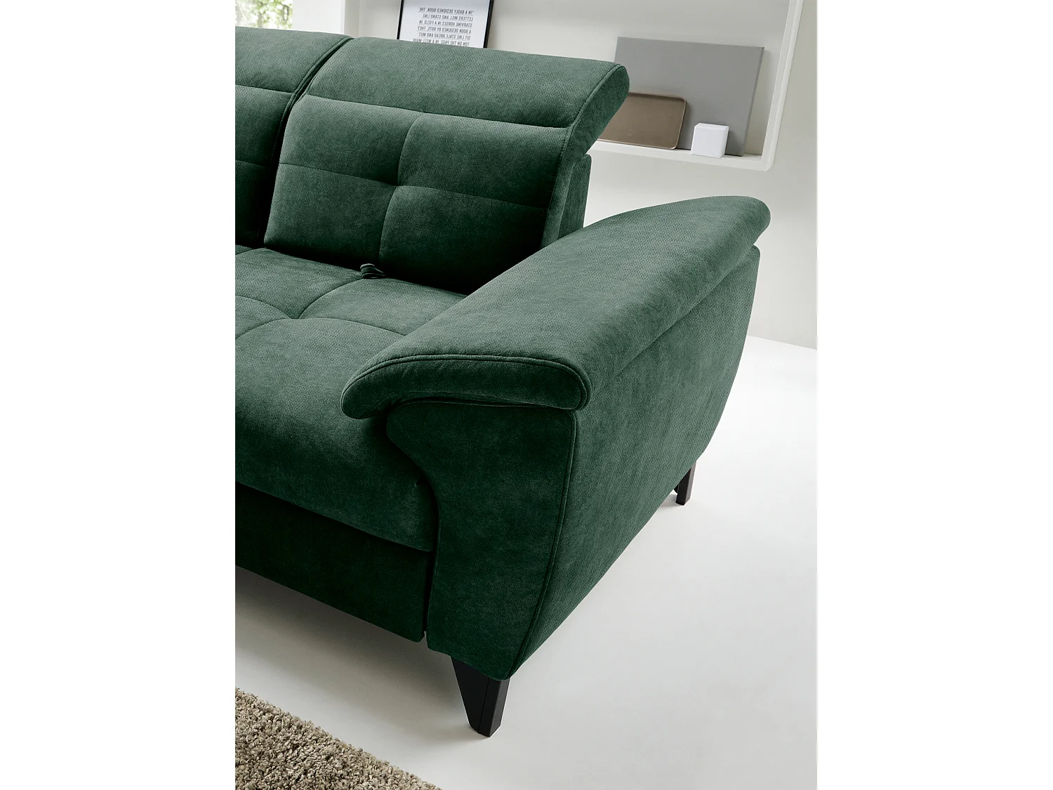 Canapé d'angle convertible tissu velouté KARIN - Coffre et appuis-tête réglables-Vert foncé-angle gauche