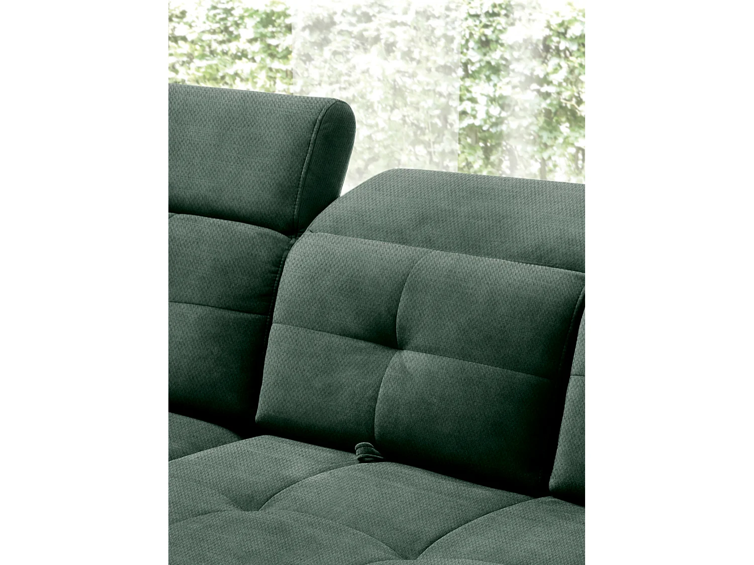 Canapé d'angle convertible tissu velouté KARIN - Coffre et appuis-tête réglables-Vert foncé-angle gauche