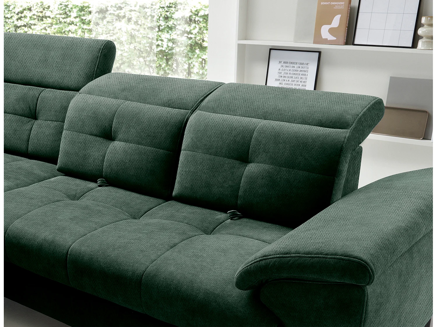 Canapé d'angle convertible tissu velouté KARIN - Coffre et appuis-tête réglables-Vert foncé-angle gauche