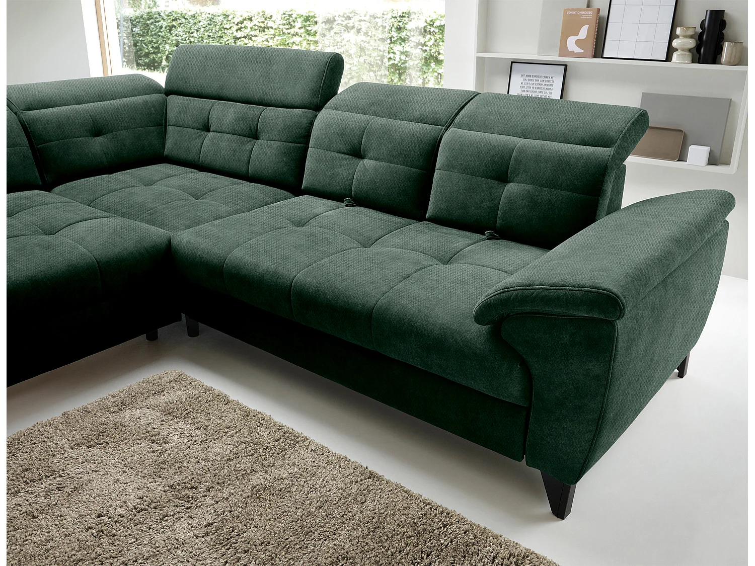 Canapé d'angle convertible tissu velouté KARIN - Coffre et appuis-tête réglables-Vert foncé-angle gauche