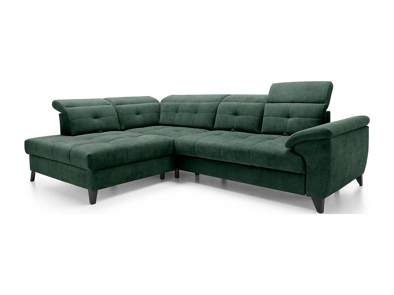 Canapé d'angle convertible tissu velouté KARIN - Coffre et appuis-tête réglables-Vert foncé-angle gauche