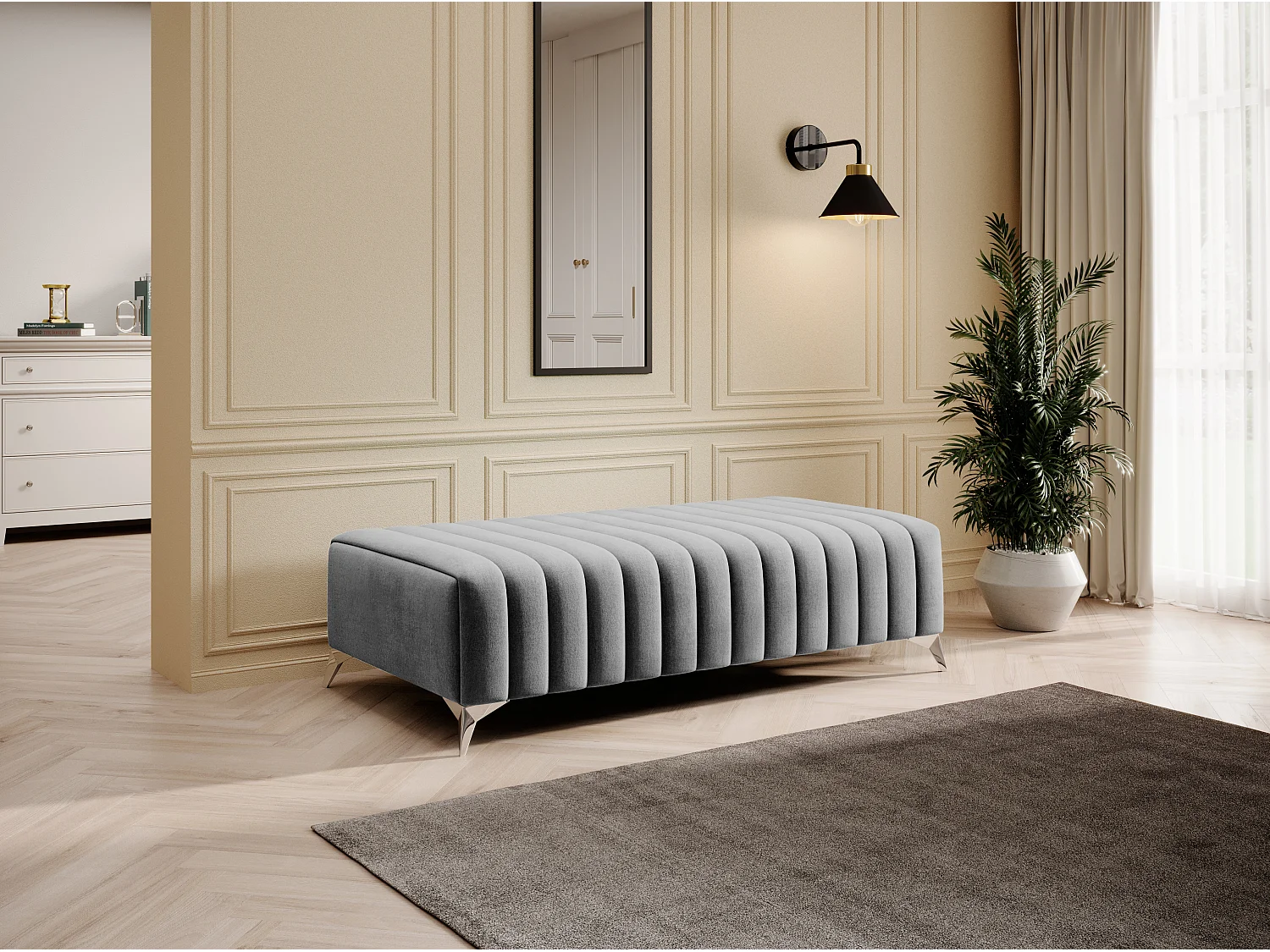 Pouf design velours avec pieds en acier chromé LOZA-Gris clair