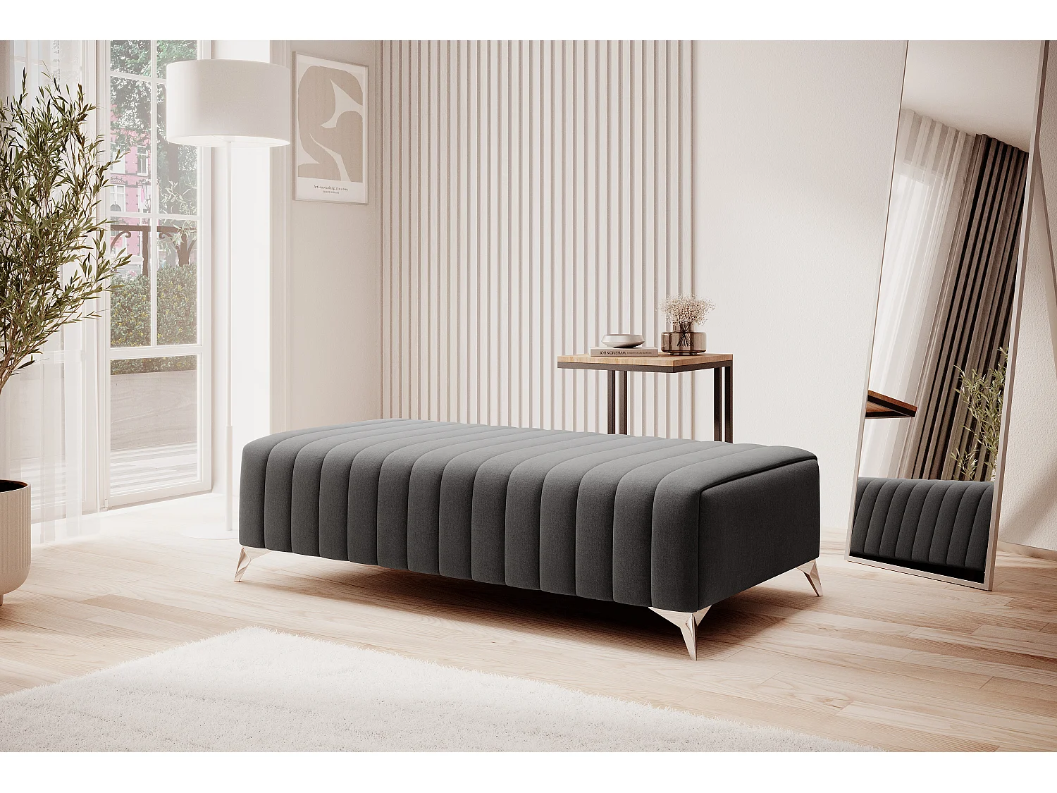 Pouf design velours avec pieds en acier chromé LOZA-Gris foncé