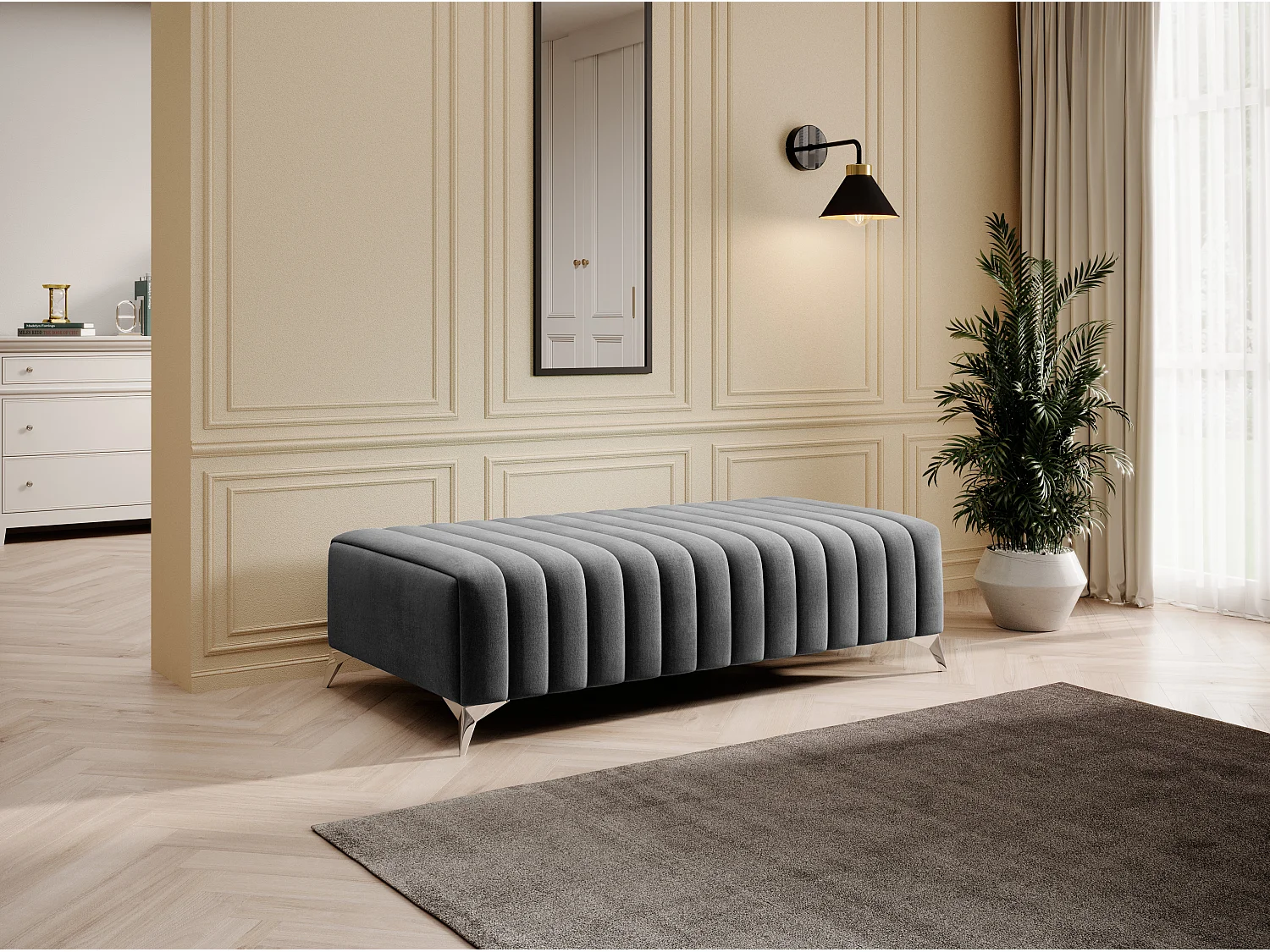 Pouf design velours avec pieds en acier chromé LOZA-Gris foncé
