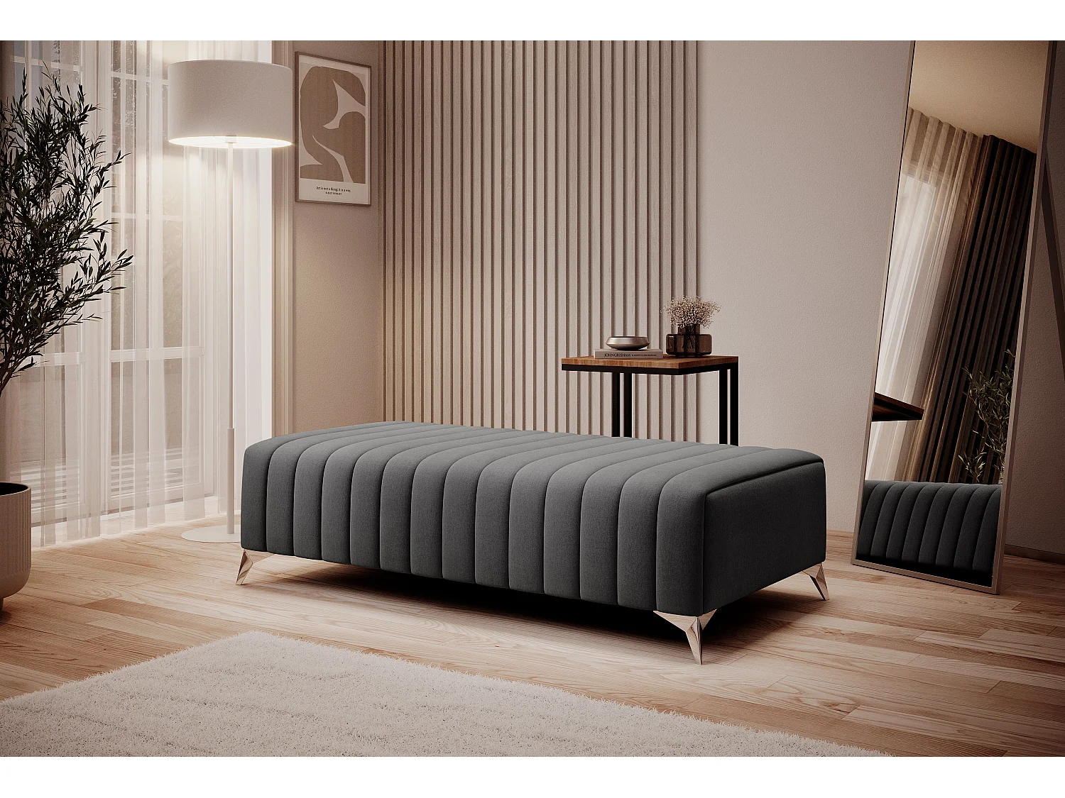 Pouf design velours avec pieds en acier chromé LOZA-Gris foncé