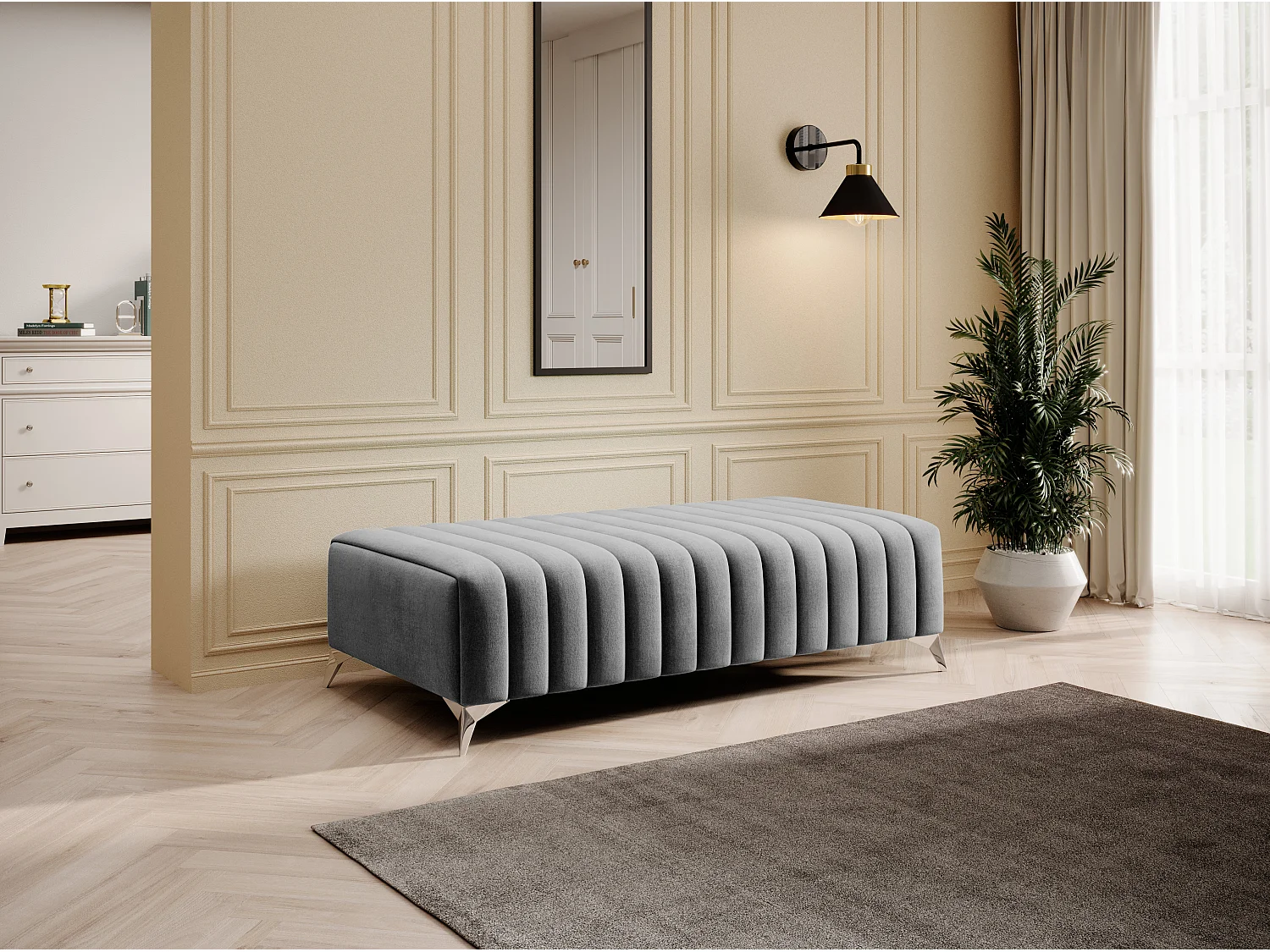Pouf design velours avec pieds en acier chromé LOZA-Gris