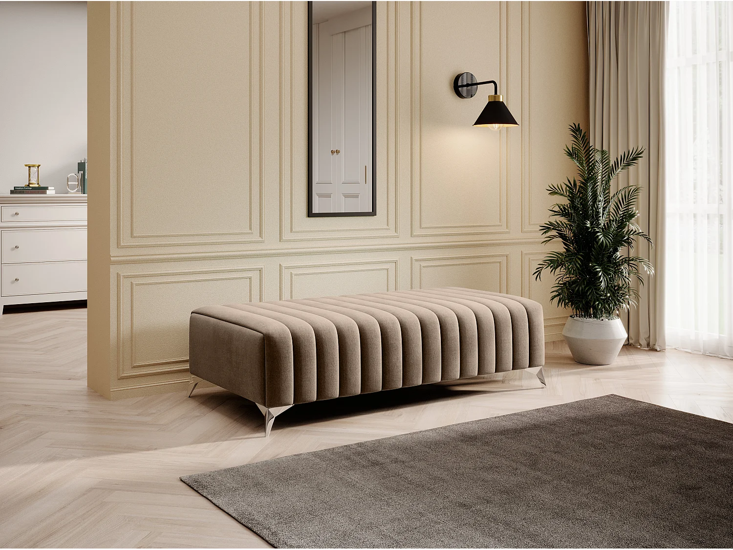 Pouf design velours avec pieds en acier chromé LOZA-Beige