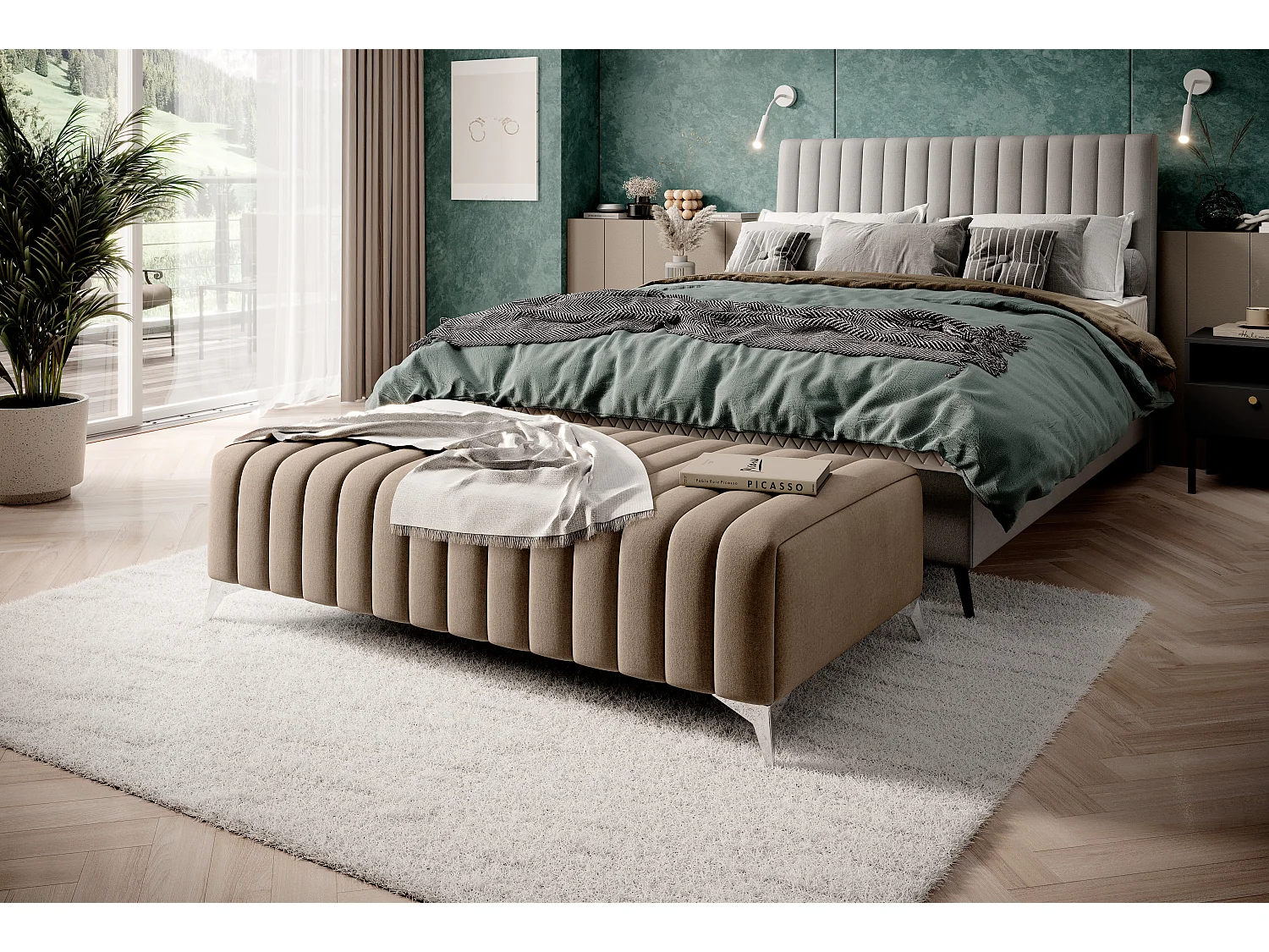 Pouf design velours avec pieds en acier chromé LOZA-Beige