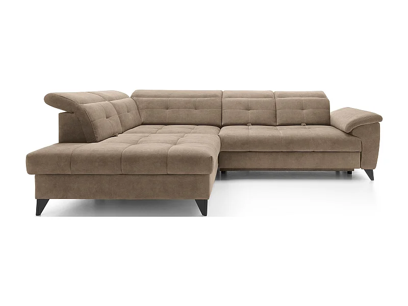 Canapé d'angle convertible tissu velouté KARIN - Coffre et appuis-tête réglables-Marron clair-angle gauche