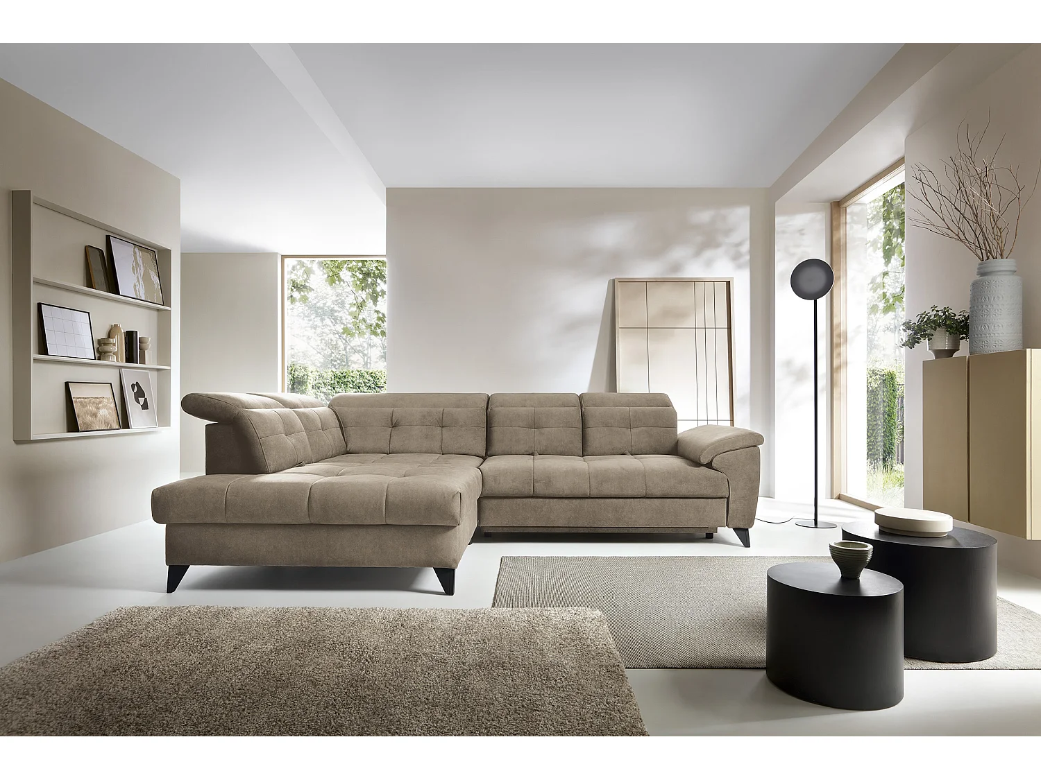 Canapé d'angle convertible tissu velouté KARIN - Coffre et appuis-tête réglables-Marron clair-angle gauche