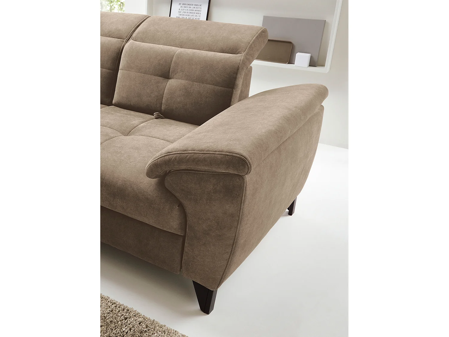 Canapé d'angle convertible tissu velouté KARIN - Coffre et appuis-tête réglables-Marron clair-angle gauche