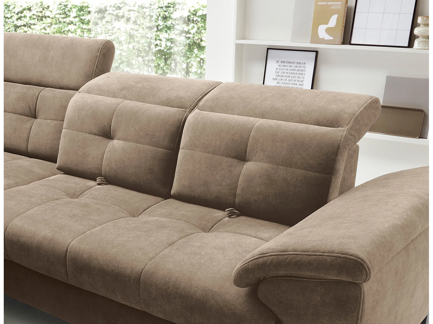 Canapé d'angle convertible tissu velouté KARIN - Coffre et appuis-tête réglables-Marron clair-angle gauche