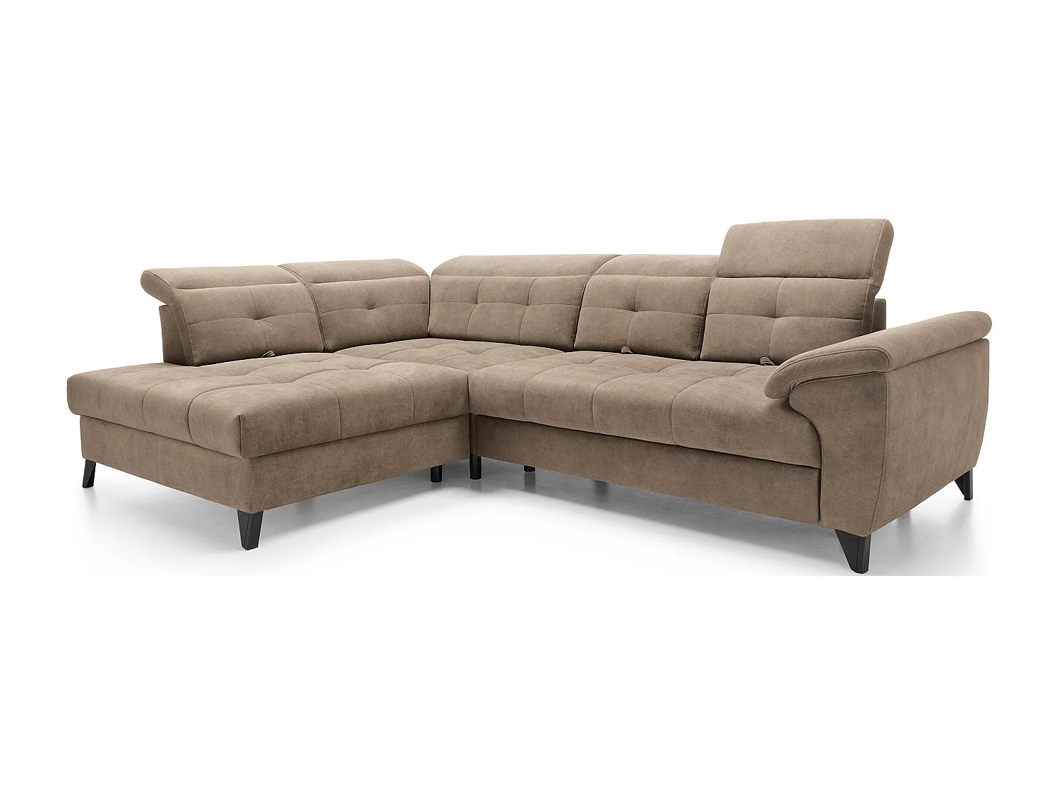 Canapé d'angle convertible tissu velouté KARIN - Coffre et appuis-tête réglables-Marron clair-angle gauche