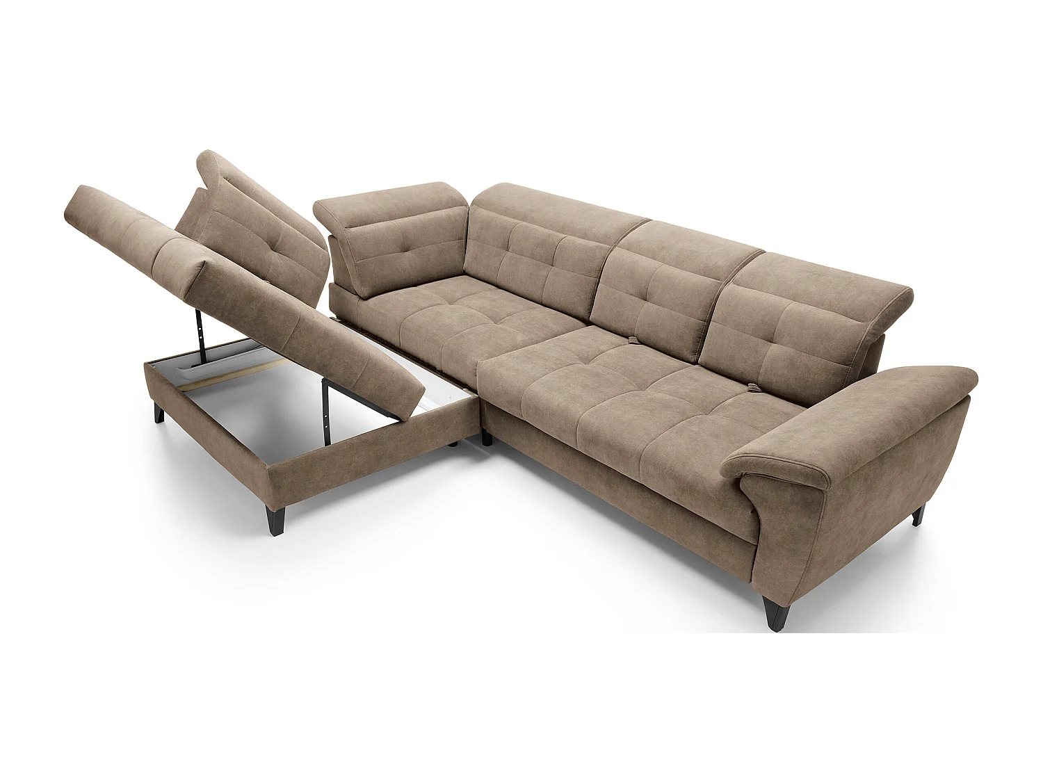 Canapé d'angle convertible tissu velouté KARIN - Coffre et appuis-tête réglables-Marron clair-angle gauche