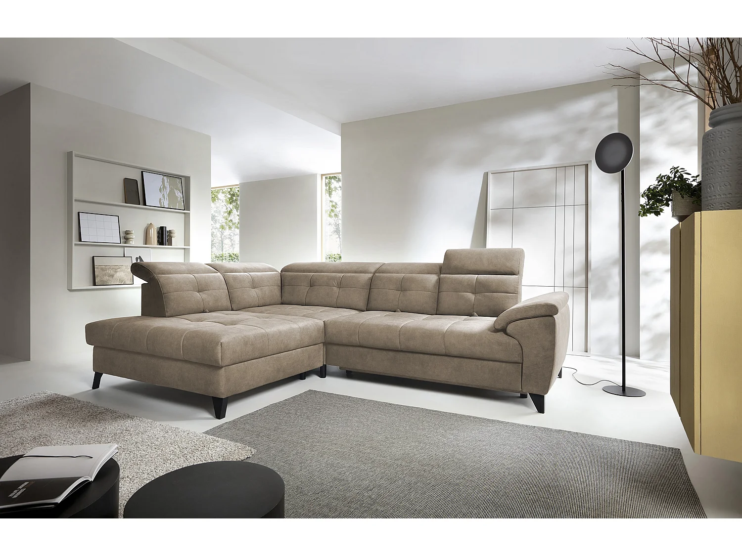 Canapé d'angle convertible tissu velouté KARIN - Coffre et appuis-tête réglables-Marron clair-angle gauche