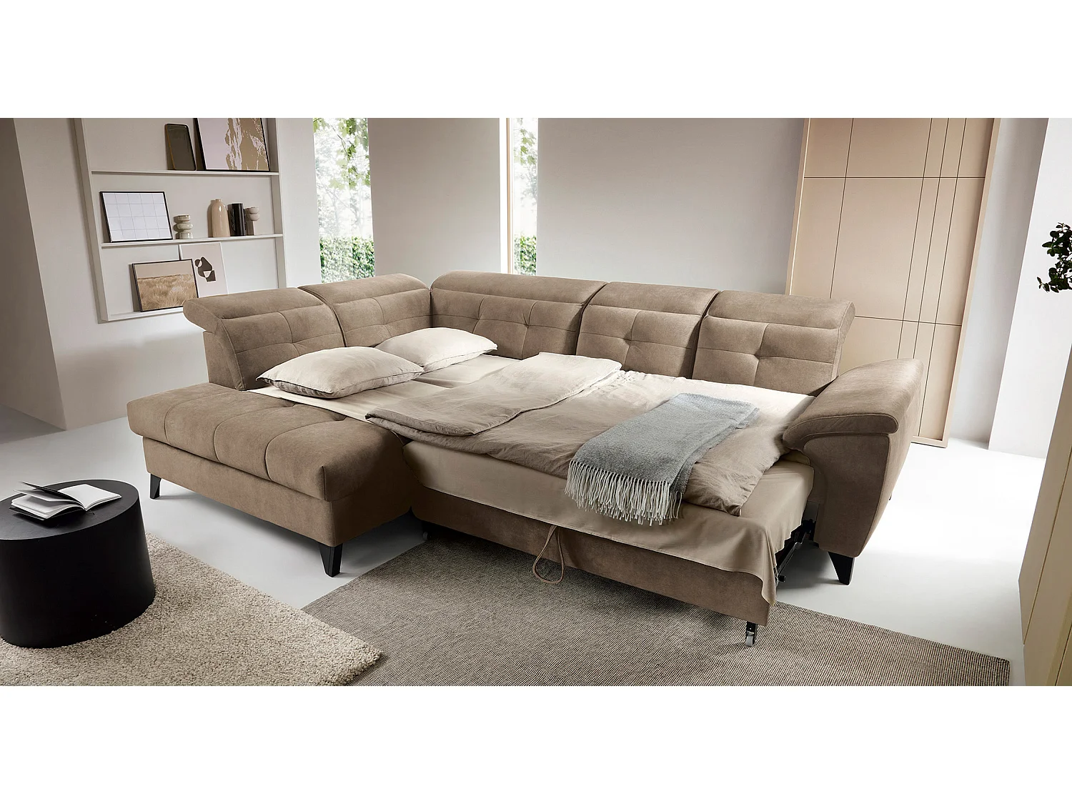 Canapé d'angle convertible tissu velouté KARIN - Coffre et appuis-tête réglables-Marron clair-angle gauche