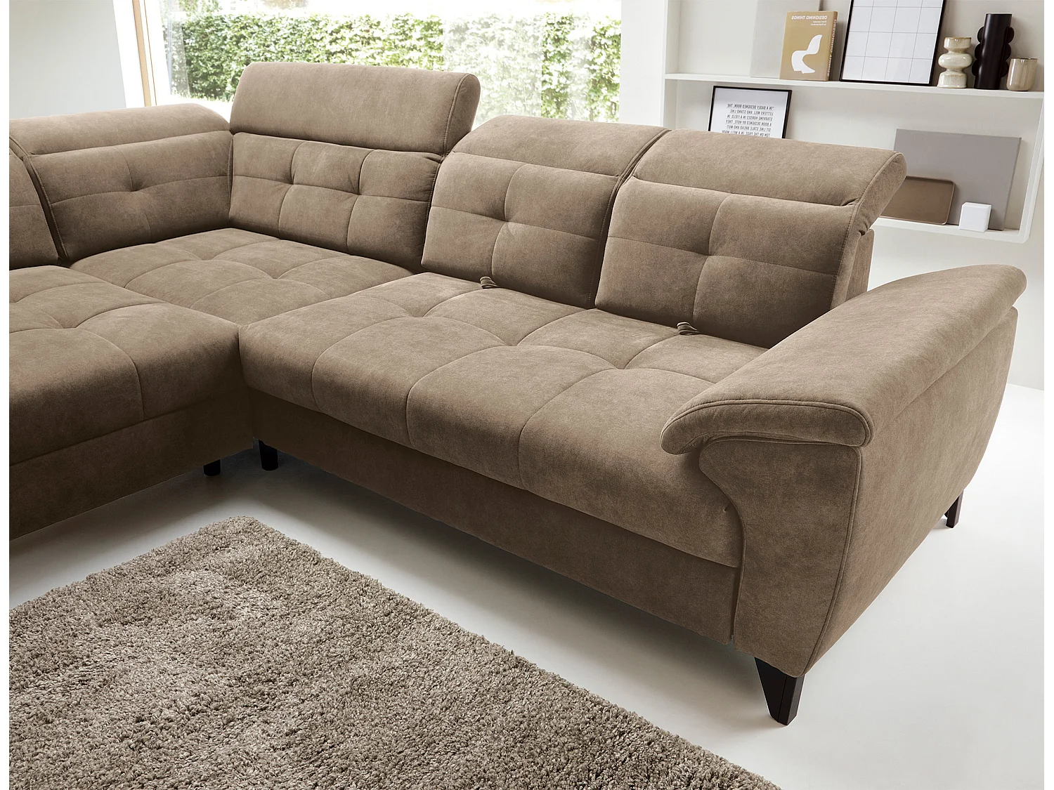 Canapé d'angle convertible tissu velouté KARIN - Coffre et appuis-tête réglables-Marron clair-angle gauche