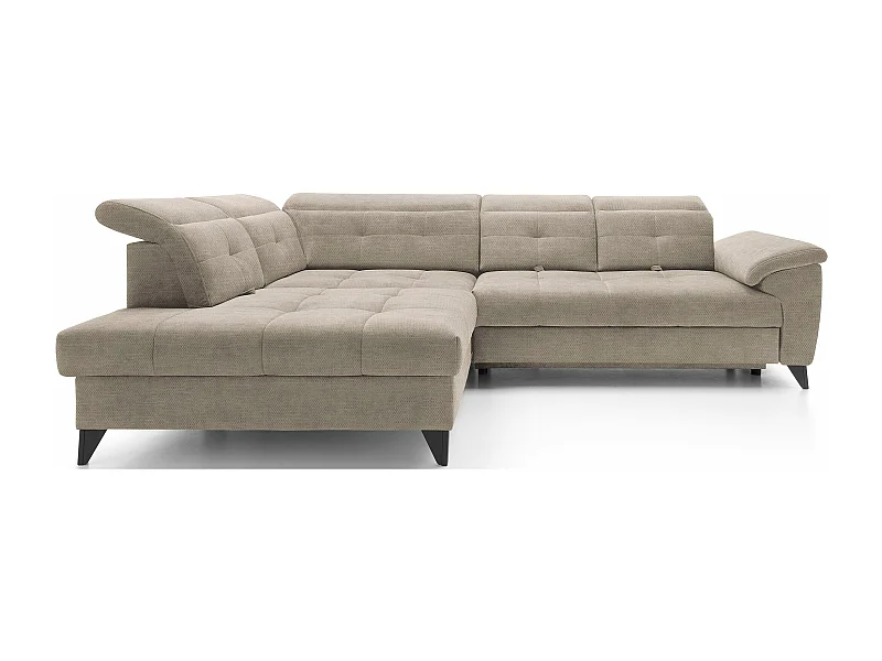 Canapé d'angle convertible tissu velouté KARIN - Coffre et appuis-tête réglables-Beige-angle gauche