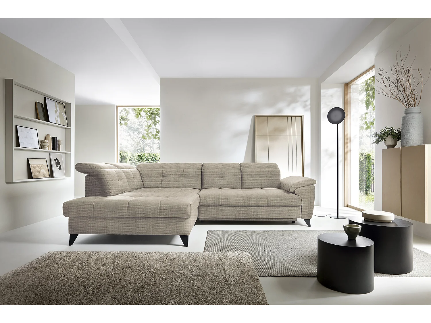 Canapé d'angle convertible tissu velouté KARIN - Coffre et appuis-tête réglables-Beige-angle gauche