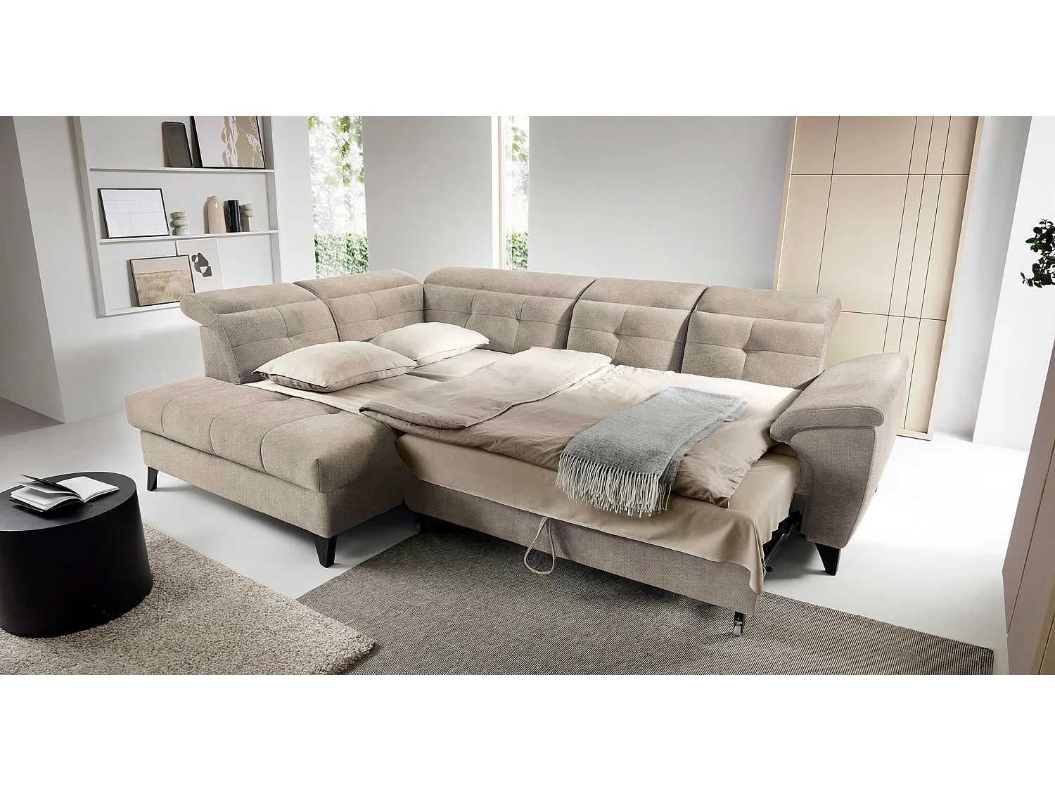 Canapé d'angle convertible tissu velouté KARIN - Coffre et appuis-tête réglables-Beige-angle gauche