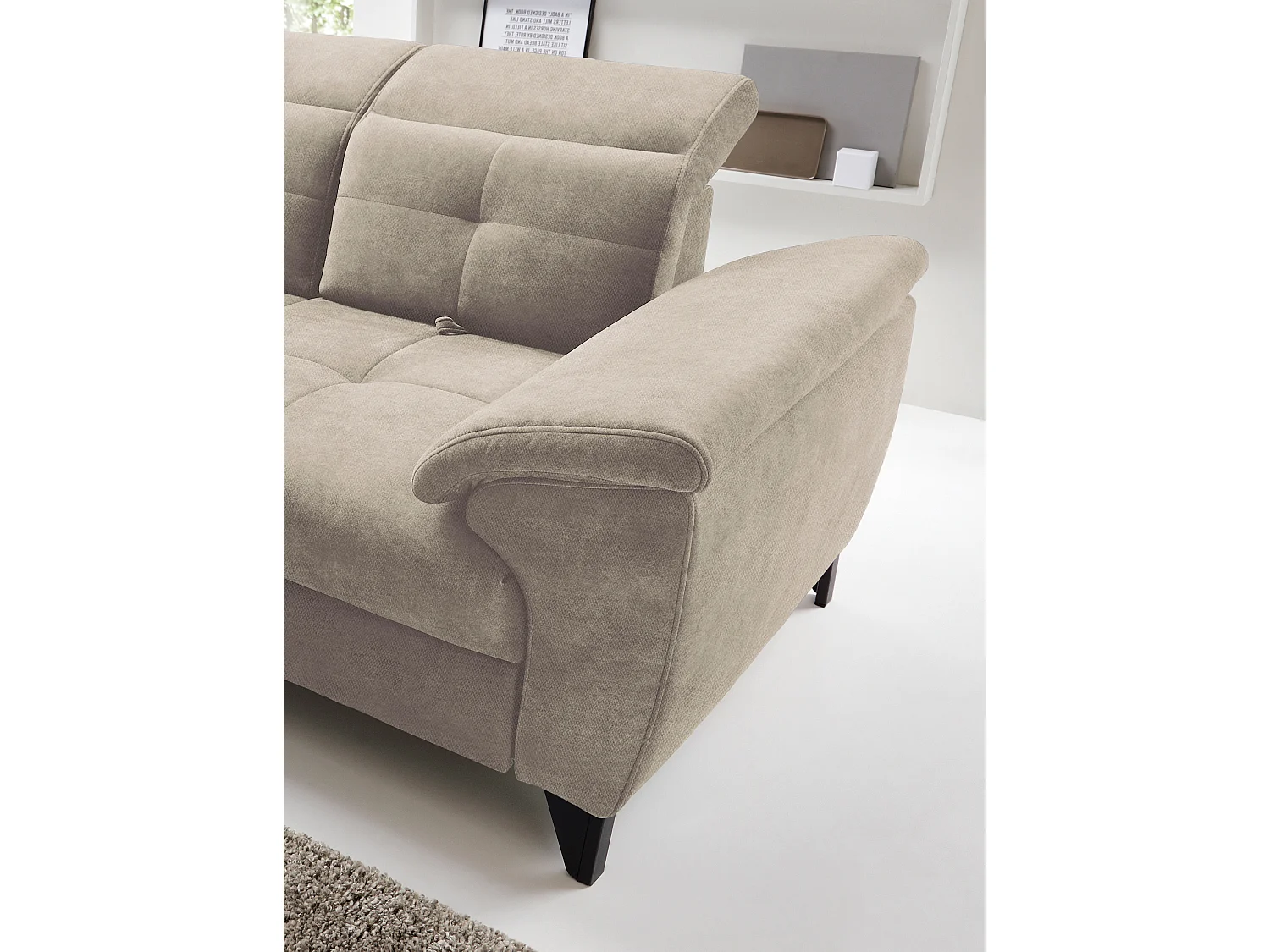 Canapé d'angle convertible tissu velouté KARIN - Coffre et appuis-tête réglables-Beige-angle gauche