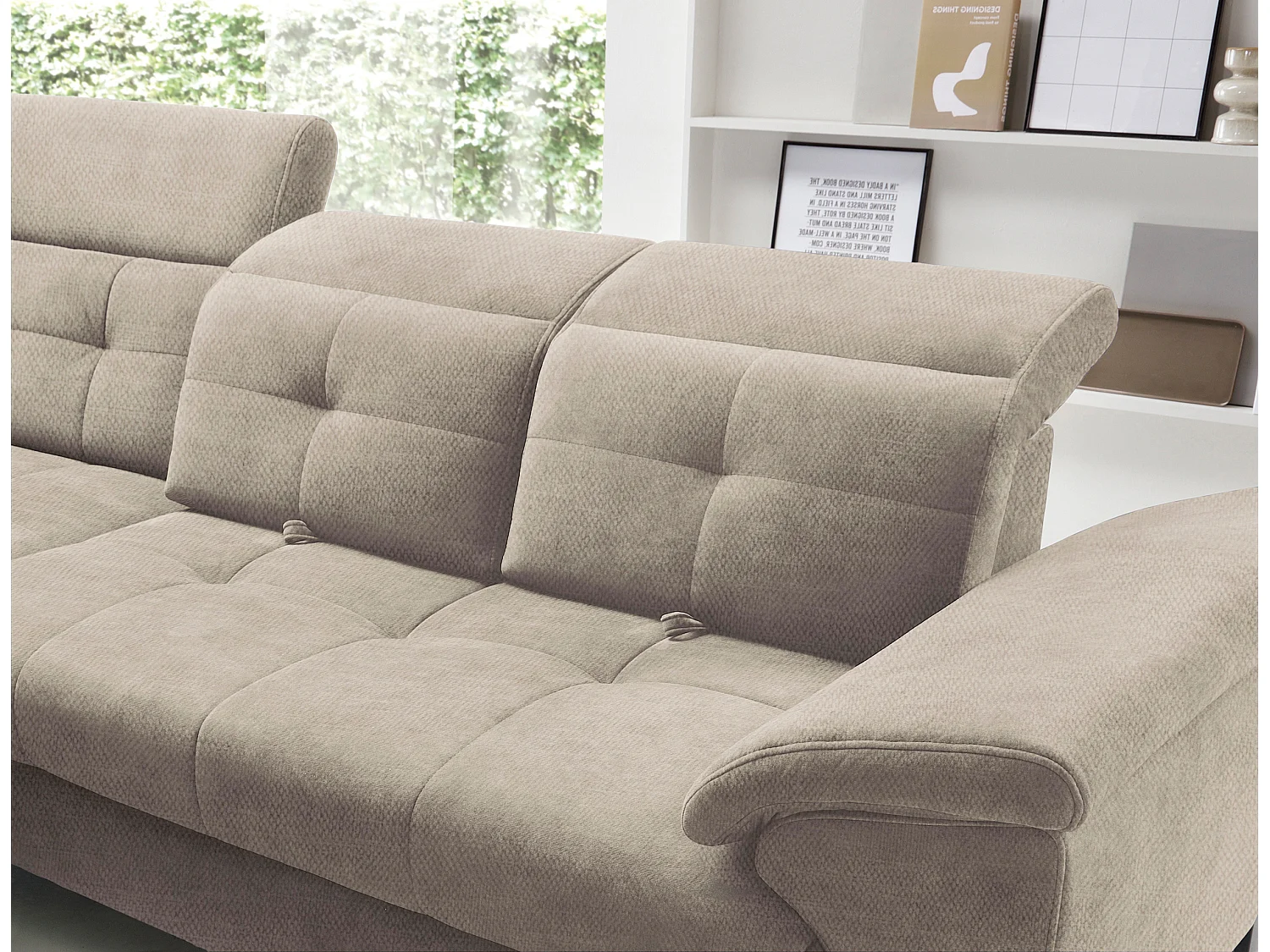 Canapé d'angle convertible tissu velouté KARIN - Coffre et appuis-tête réglables-Beige-angle gauche