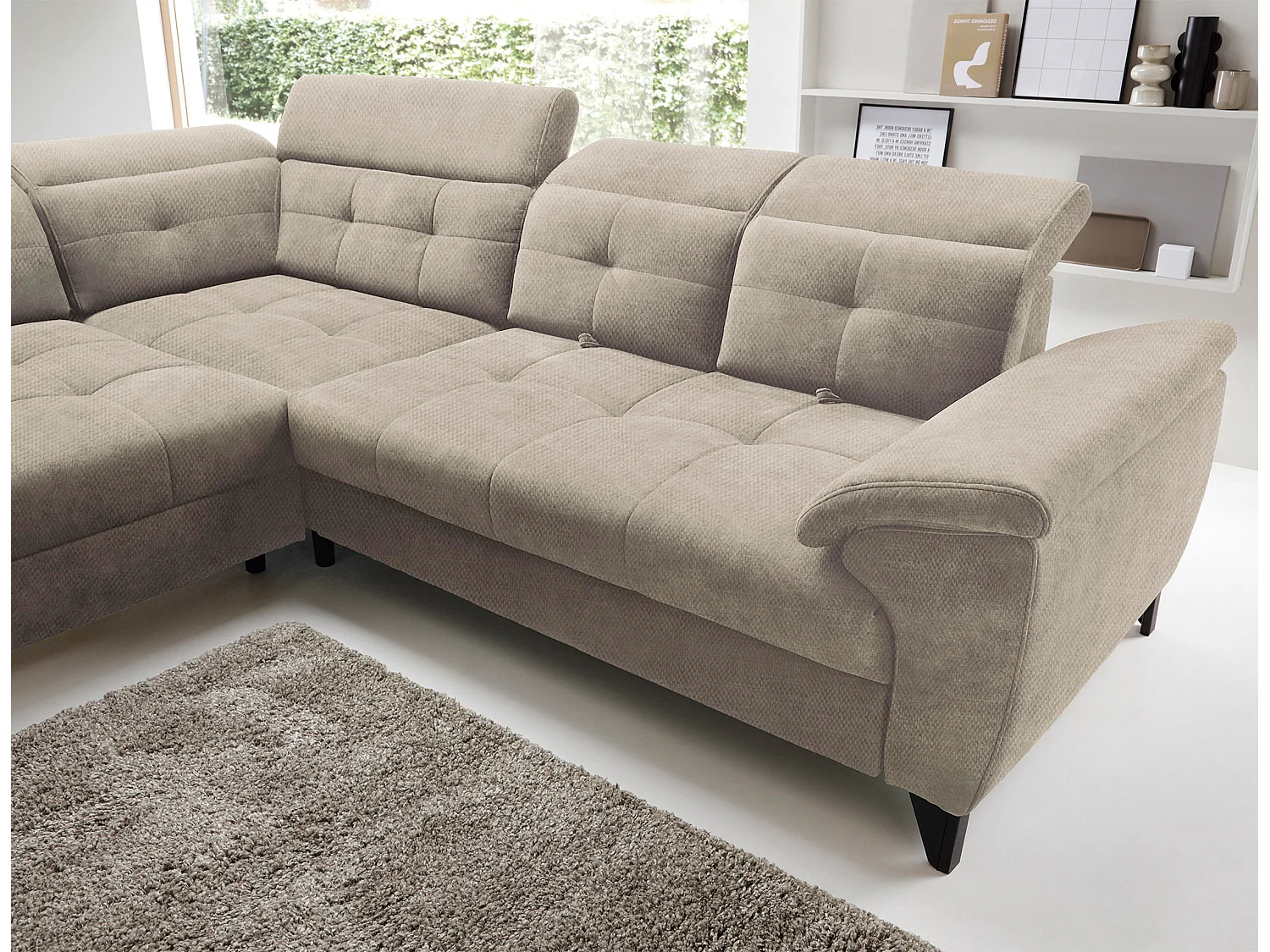 Canapé d'angle convertible tissu velouté KARIN - Coffre et appuis-tête réglables-Beige-angle gauche