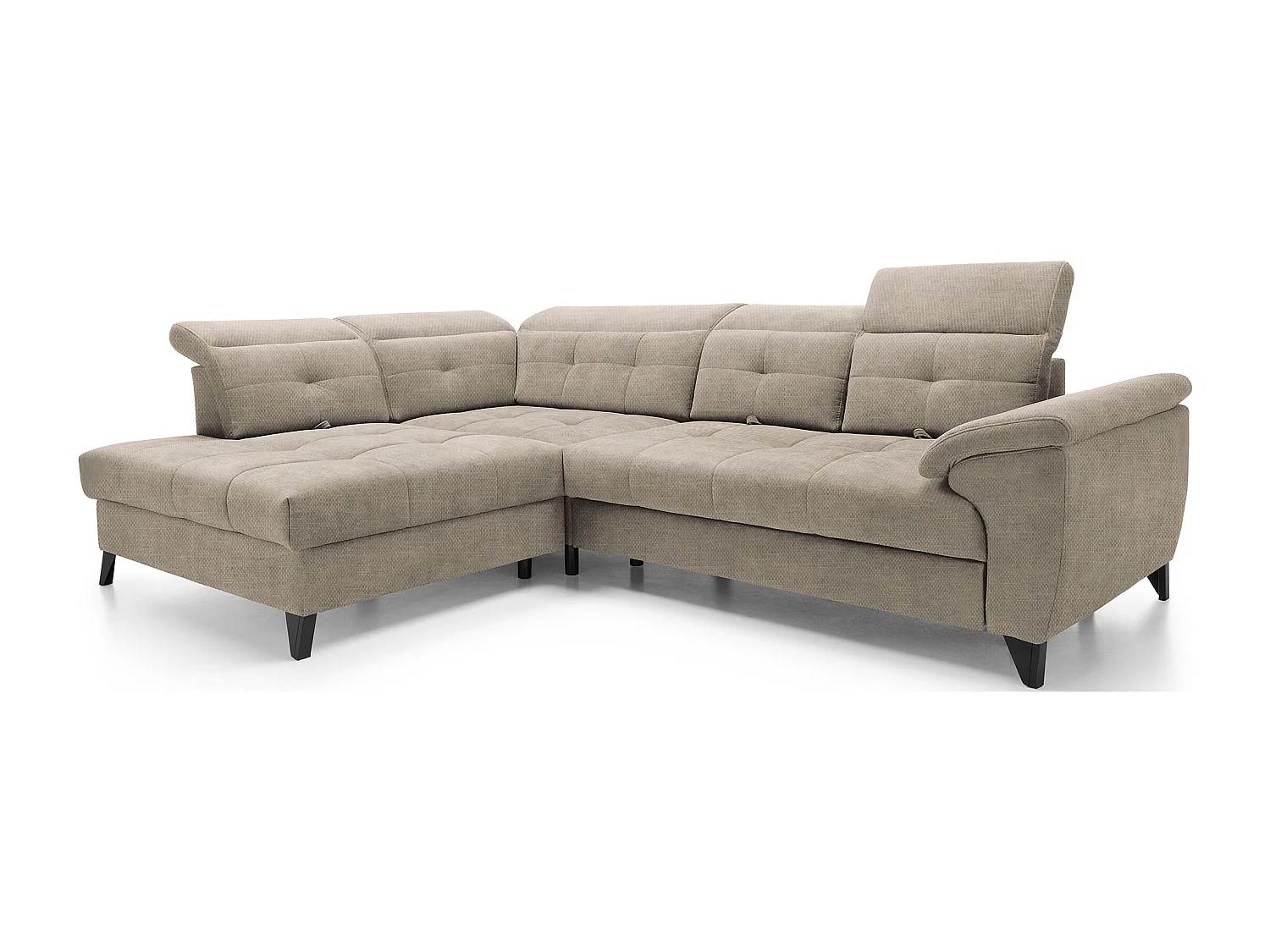 Canapé d'angle convertible tissu velouté KARIN - Coffre et appuis-tête réglables-Beige-angle gauche