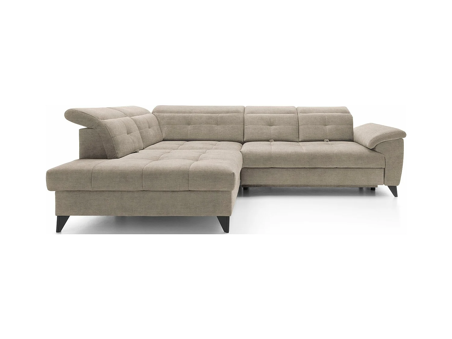 Canapé d'angle convertible tissu velouté KARIN - Coffre et appuis-tête réglables-Beige-angle gauche