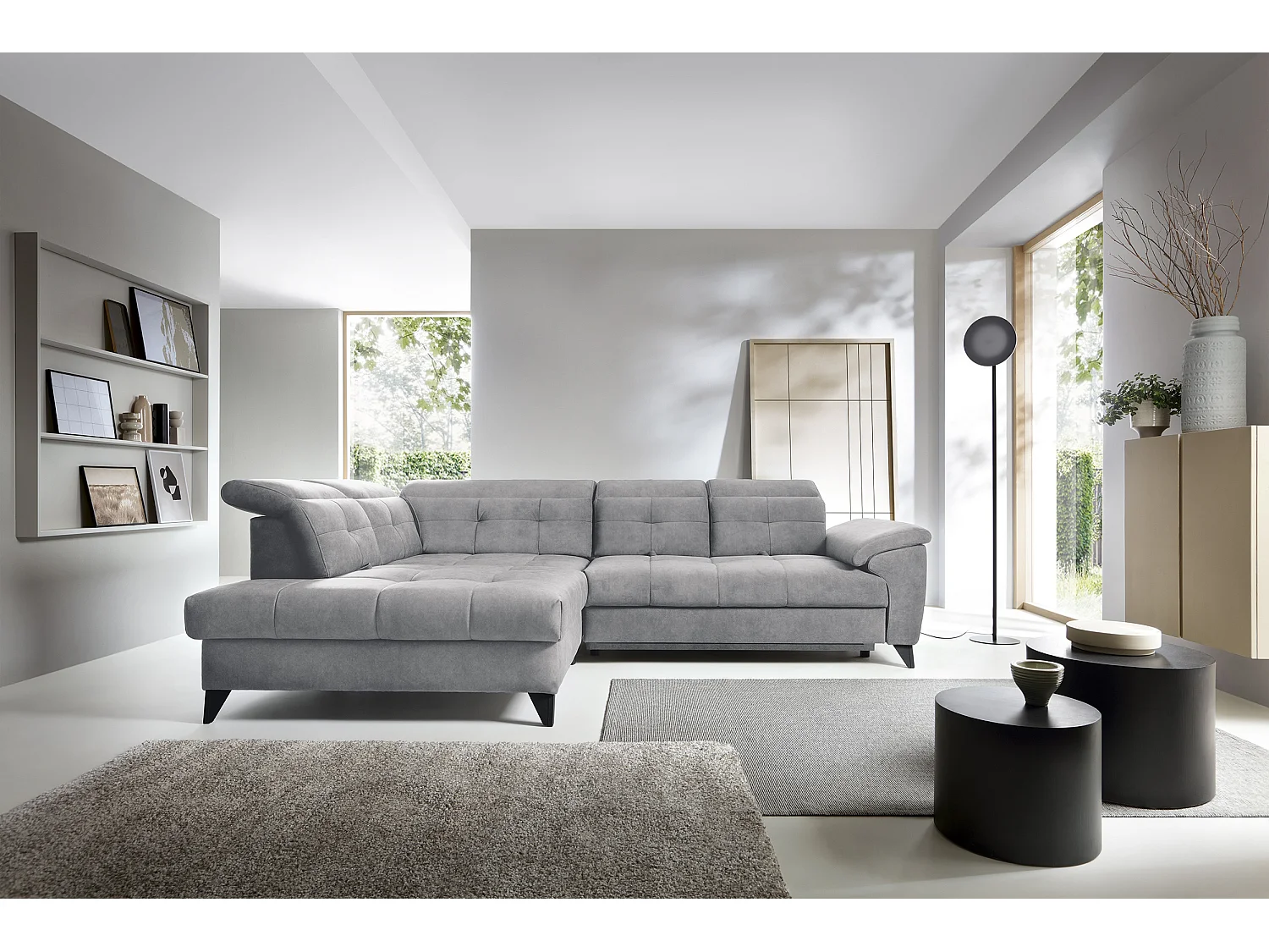 Canapé d'angle convertible tissu velouté KARIN - Coffre et appuis-tête réglables-Gris-angle gauche