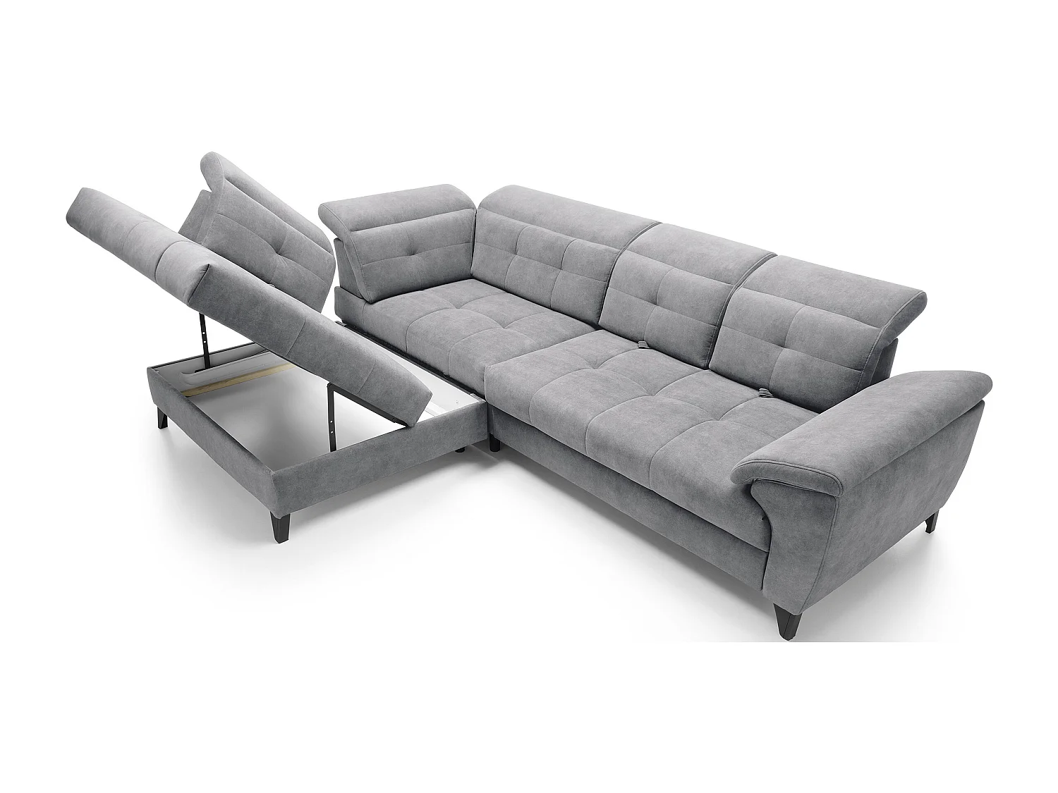 Canapé d'angle convertible tissu velouté KARIN - Coffre et appuis-tête réglables-Gris-angle gauche