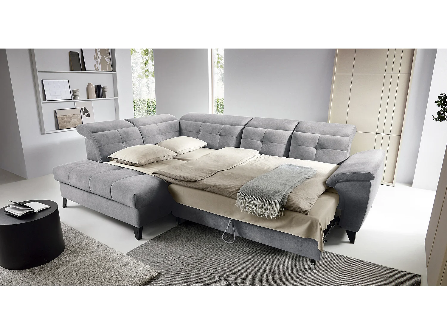 Canapé d'angle convertible tissu velouté KARIN - Coffre et appuis-tête réglables-Gris-angle gauche