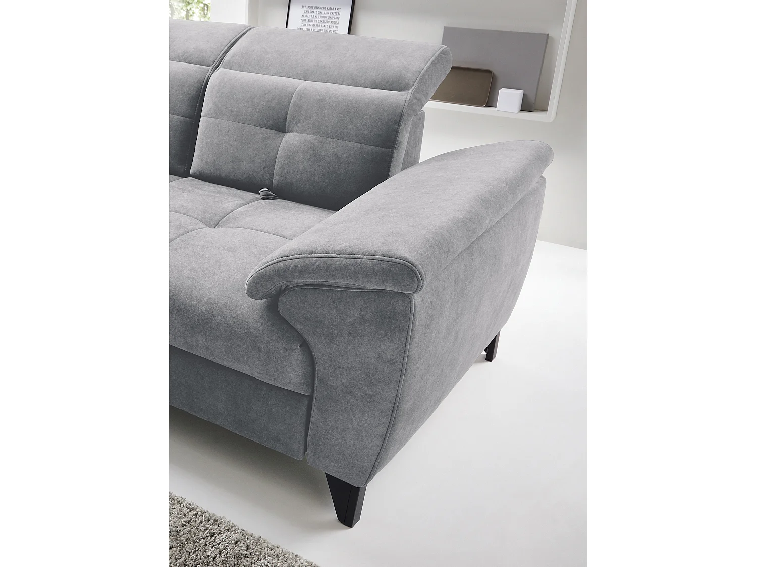 Canapé d'angle convertible tissu velouté KARIN - Coffre et appuis-tête réglables-Gris-angle gauche