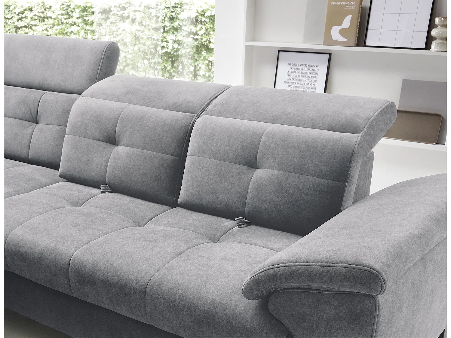 Canapé d'angle convertible tissu velouté KARIN - Coffre et appuis-tête réglables-Gris-angle gauche