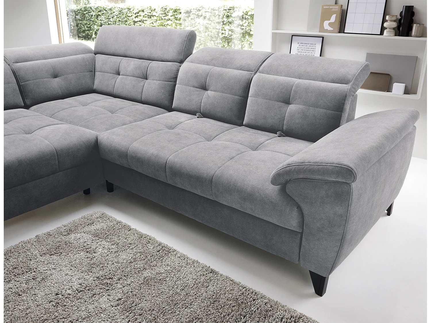 Canapé d'angle convertible tissu velouté KARIN - Coffre et appuis-tête réglables-Gris-angle gauche