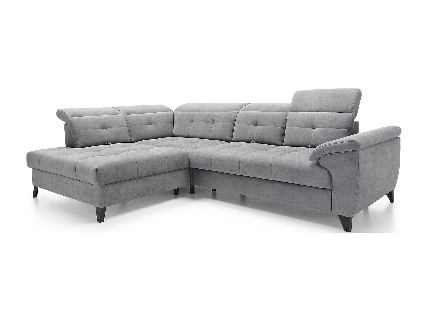 Canapé d'angle convertible tissu velouté KARIN - Coffre et appuis-tête réglables-Gris-angle gauche