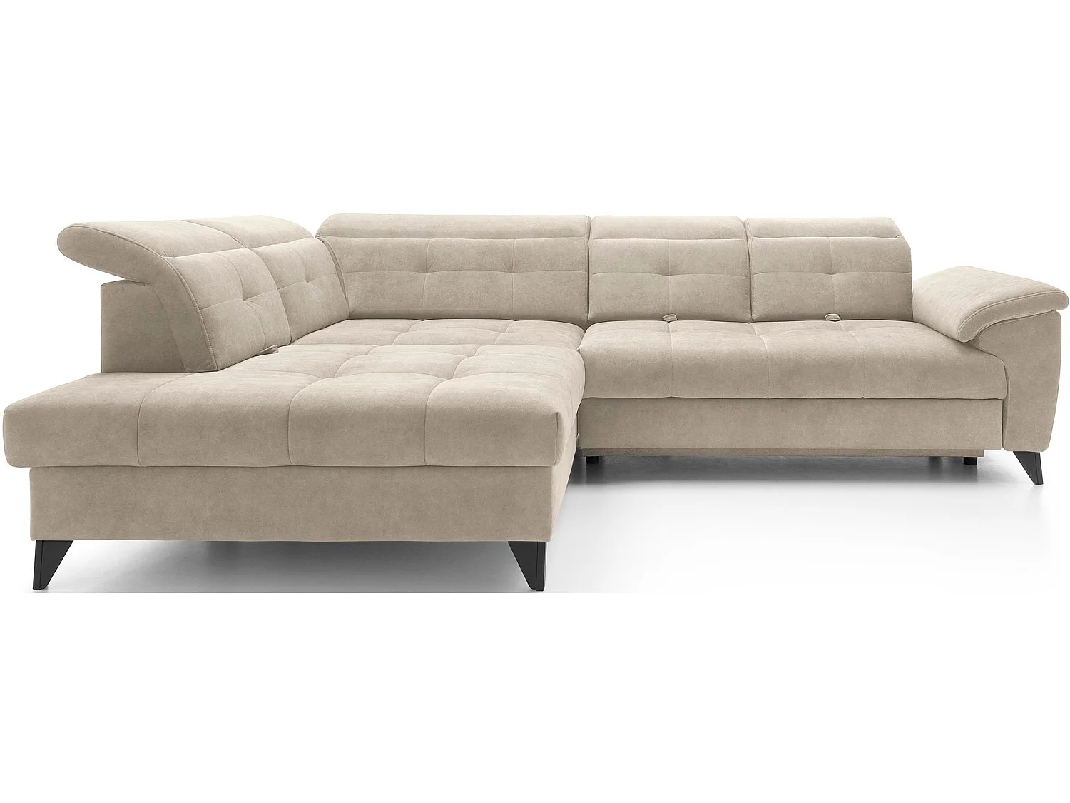 Sofá esquinero convertible KARIN en tejido aterciopelado - Almacenamiento y reposacabezas ajustables-Beige claro-Ángulo izquierdo