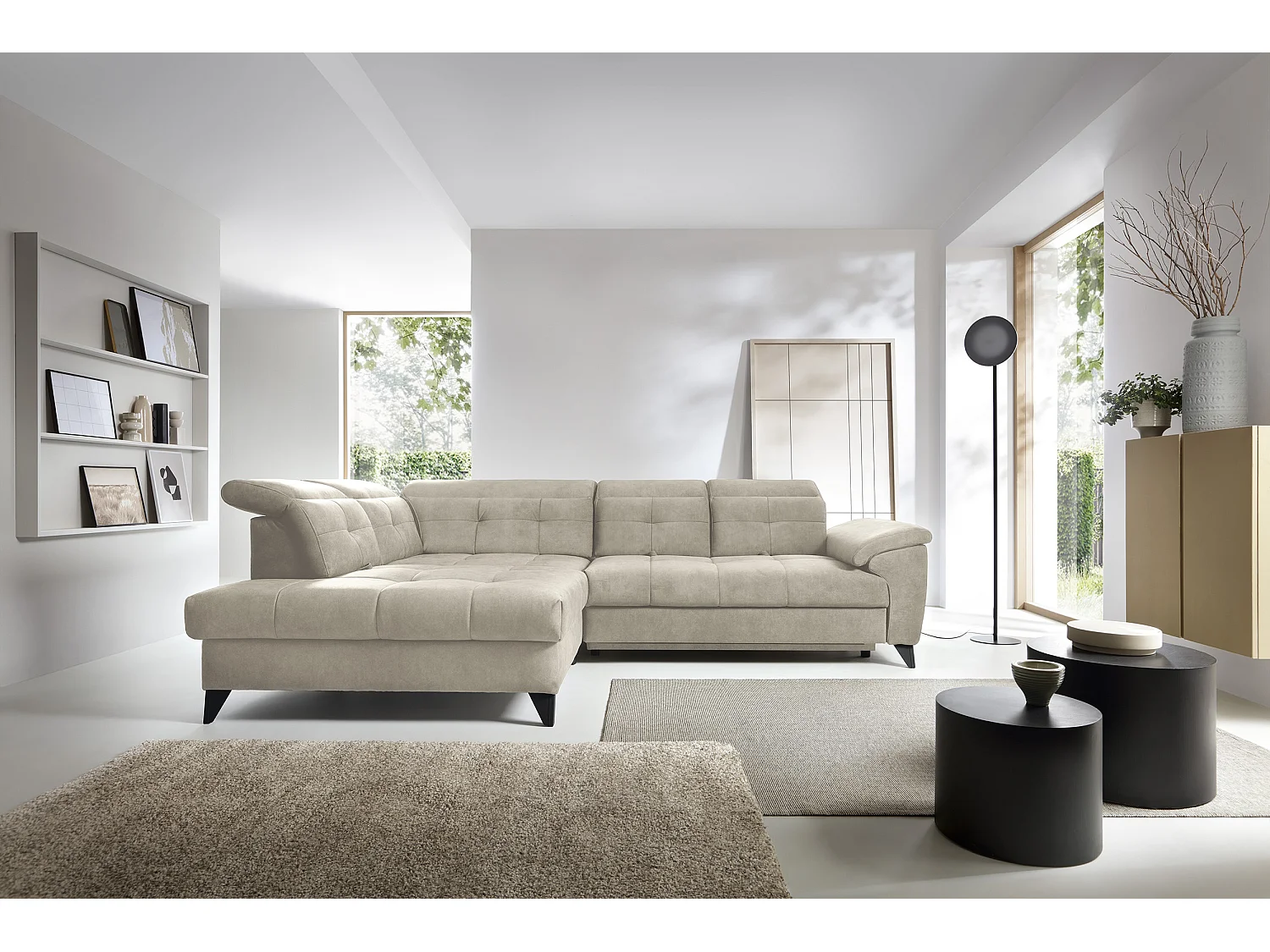 Sofá esquinero convertible KARIN en tejido aterciopelado - Almacenamiento y reposacabezas ajustables-Beige claro-Ángulo izquierdo